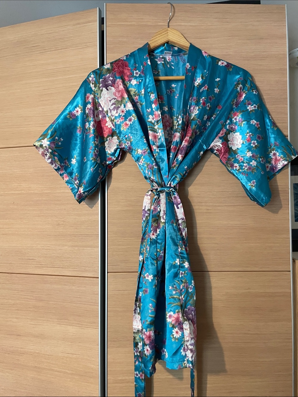 Floral Satin Teal Kimono Robe with Self-Tie Belt